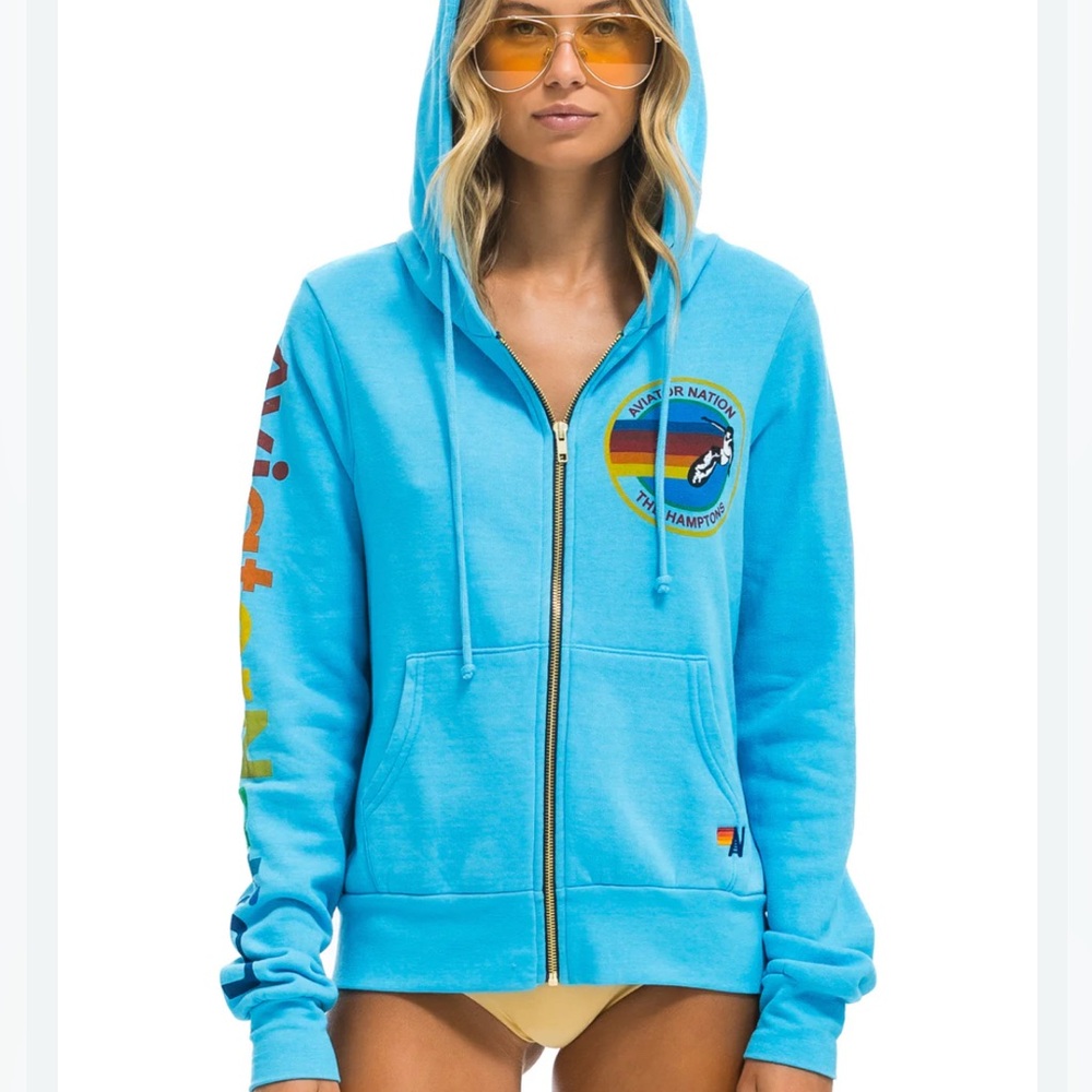Aviator Nation Women's Blue Zip Hoodie with Rainbow Logo